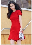欧洲站2016夏季新款明星同款高腰连衣裙荷叶边a型红色小礼服裙子