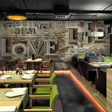 复古个性英文字母壁纸 咖啡厅奶茶店西餐厅墙纸 3D仿古砖大型壁画