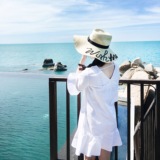 BIE FASHION独家设计2016夏季新款白色 V领连衣裙喇叭袖后背一字