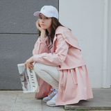 2016秋季新品女装连帽粉色显瘦长袖上衣潮甜美中长款外套韩版风衣