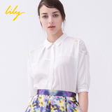Lily2016夏季新品115250G4165纯色镂空蕾丝花五分袖衬衫