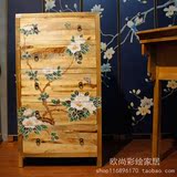 新中式田园手工彩绘斗柜 香樟木手绘家具玄关柜 边柜 杂物箱 出口