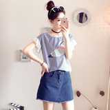 DY8056夏季新品2016韩版宽松休闲学生上衣 拼条纹印花女款短袖T恤