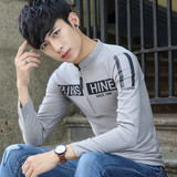 韩版男士修身立领青少年花长袖T恤休闲拉链秋季学生潮流衣服男装