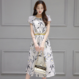 2016夏季韩版女装有腰带的连衣裙中长款修身显瘦收腰花色过膝长裙