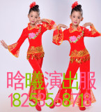 新款红色古典表演服饰儿童秧歌民族舞蹈演出服装手绢扇子舞