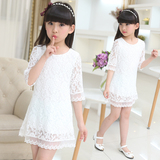 2016女童夏季新款连衣裙七分袖圆领白色蕾丝甜美公主裙 韩版童装