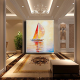 纯手绘欧式风景刀画 现代客厅餐厅玄关走廊装饰帆船油画抽象竖版