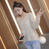 2016秋季韩版V领针织衫女套头镂空罩衫短款上衣宽松薄款长袖毛衣