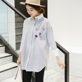 韩国东大门代购2016春季新款中长款条纹长袖衬衫宽松显瘦女士衬衣