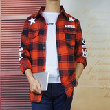 春装法兰绒磨毛红格子衬衫男长袖学生外套韩版修身青少年学院衬衣