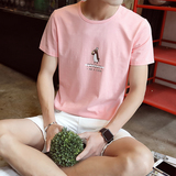 2016夏季新款粉色男青少年短袖T恤圆领韩版修身小清新印花T恤上衣