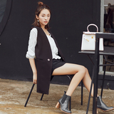 韩版修身显瘦中长款黑色西装马甲女薄背心一粒扣外套潮 真口袋