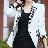 2016秋装新款韩版大码女装修身一粒扣西装领长袖小西装女格子外套