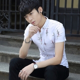 夏季流行男装短袖衬衫青年时尚潮寸衫修身韩版印花薄纯棉半袖衬衣
