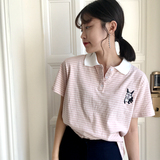 韩国学院风简约百搭猫咪刺绣拼色条纹POLO领短袖t恤女夏季体恤衫