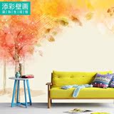 暖色黄色小清新整幅壁纸定制 树叶图案无缝大型壁画 墙纸背景墙布