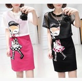 【天天特价】夏女装猫咪短袖网纱罩衫两件套装大码修身卡通连衣裙