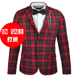 BTO男装 红色方格纹苏格兰格子羊毛呢修身款圣诞节复古西装外套服