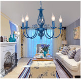 欧式铁艺蓝色5头蜡烛吊灯创意个性地中海客厅餐厅卧室大气灯具