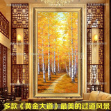 欧式手绘黄金大道风景油画玄关装饰画单幅走廊过道竖版白桦林挂画