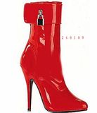 女王12CM厘米超细性感红色漆皮椭圆头带锁超高跟夜店情趣短靴大码