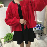 16韩版新品秋冬装女士毛衣流苏貂绒外套披肩开衫针织衫灯笼袖短款