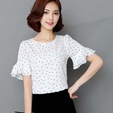2016夏季新款韩版女装荷叶边喇叭袖上衣印花雪纺衫短袖T恤打底衫