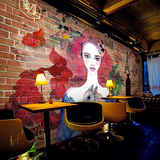 时尚复古砖纹个性涂鸦背景墙美女彩绘背景墙酒吧咖啡厅墙纸壁画