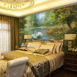 3d立体欧式大型壁画墙纸卧室沙发客厅背景壁纸油画天鹅湖无缝墙布