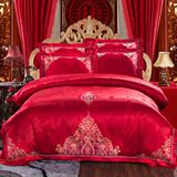 纯棉婚庆大红床上用品四件套全棉贡缎提花结婚被套床单1.8/2.0m床