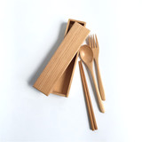 日式原木创意便携餐具勺叉筷子四件套盒子套装学生餐具原木餐具