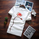 夏天韩版男士圆领玫瑰花图案短袖T恤青年学生印花大码半袖t恤男