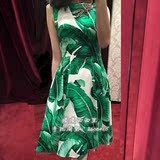 欧美高端时尚芭蕉叶印花背心连衣裙2016夏手工钉珠镶钻蜻蜓绿色裙