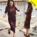 韩国代购SZ夏季新款拼接中袖气质蕾丝镂空显瘦两件套装连衣裙女装