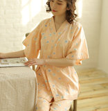 外贸春夏日本女士纯棉纱布和服短袖睡衣和风系带家居服日式甚平