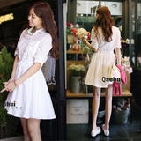 2016早春新款韩版女装文艺收腰显瘦长袖连衣裙白色气质长款衬衫裙