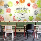 3D手绘木纹夏日水果店墙纸冷饮店大型壁画餐厅奶茶甜品咖啡店壁纸