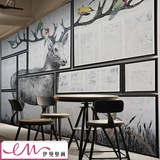 3D欧式黑白简约森林麋鹿大型壁画 怀旧素描壁纸 卧室沙发背景墙纸