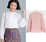 韩国代购正品Rev雪纺衫衬衫细皱纹半高领珍珠长袖白粉色淑女打底