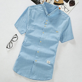 夏季流行男装短袖衬衫青年时尚韩版修身款纯色亚麻翻领棉麻料衬衣