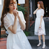 2016夏季韩版修身白裙子春夏学生夏裙夏天蕾丝中长款连衣裙短袖仙