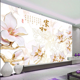 白玉兰彩雕客厅电视背景墙布3D立体壁纸壁画中式大型墙纸家和富贵