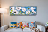 蓝色花卉客厅卧室装饰画长条横版有框挂画单幅床头沙发墙画银色框