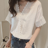 2016夏季韩版新款衬衫宽松白色蕾丝衫女短袖纯色镂空V领雪纺上衣