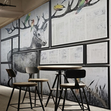 黑白素描设计森林小鸟麋鹿大型壁画服装店工作室餐厅主题壁纸墙纸