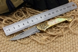 正品进口大马士革钢折叠刀黄铜雕花钥匙扣折刀户外手工珍藏小刀