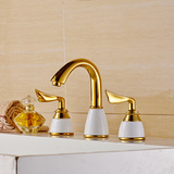 全铜仿古水龙头欧式面盆双把三孔龙头浴室柜分体水龙头金色三件套