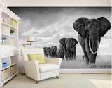 3d客厅电视卧室酒店背景墙纸壁纸黑白简约定制大型壁画行走大象
