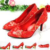 古典复古绸缎红色婚鞋高跟中跟低跟平底秀禾新娘尖头细跟龙凤礼仪